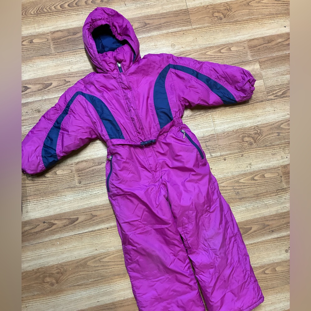 Kids Hooded Pink Snowsuit with Navy Accents
